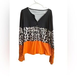 Lace Trim Long Sleeve Shirt Button Down Color Block Leopard Print Orange Black